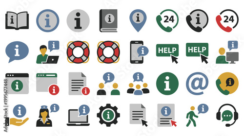 Set of information help and support icons with people and digital devices.