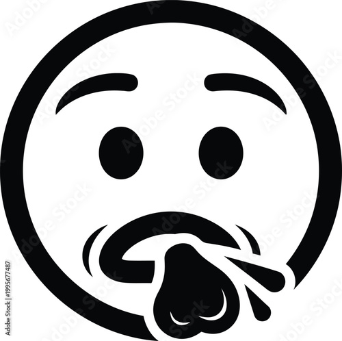 Black and white illustration of a nauseated or vomiting smiley face expressing sickness and discomfort