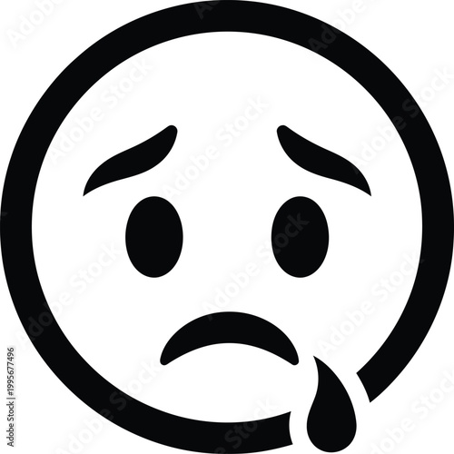 Black and white line art depiction of a crying smiley face expressing sadness and emotional distress in a simple design
