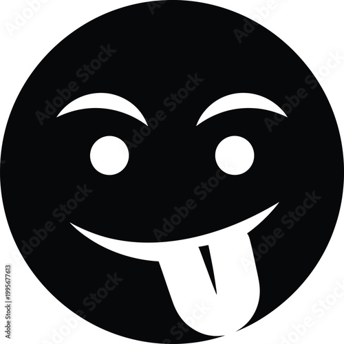 A playful black and white emoji depicting a face sticking its tongue out in a teasing manner conveying lightheartedness