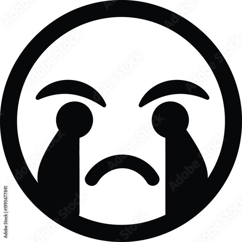 Black and white circular icon depicting a crying face with teardrops expressing sadness or disappointment