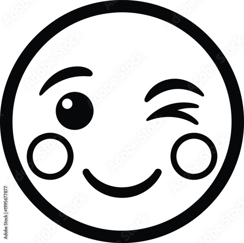 A playful black and white cartoon illustration of a winking smiley face with rosy cheeks conveying a sense of fun and lightheartedness