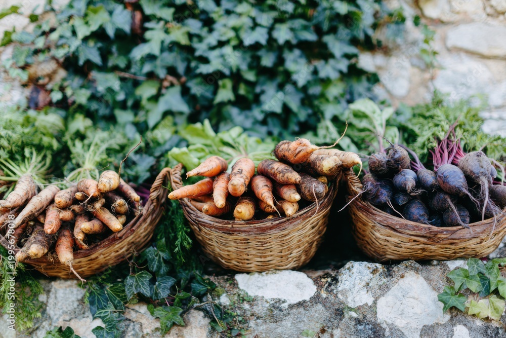 Fototapeta premium Baskets filled with freshly harvested carrots and beetroots are placed on a stone wall. Green leaves surround the baskets, showing the garden's harvest time in autumn
