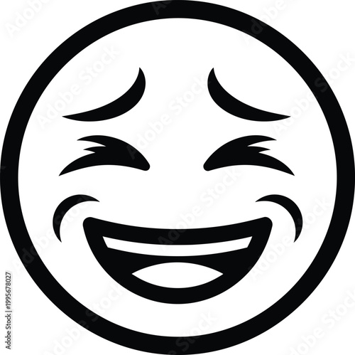 A black and white line drawing of a smiling face with eyes closed in joyous laughter conveying happiness and amusement