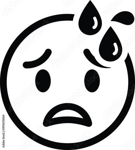 A black and white line art depiction of a sad face emoji with three water droplets above it
