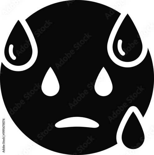 A black and white icon depicting a sad face with teardrops conveying feelings of sorrow and emotional distress