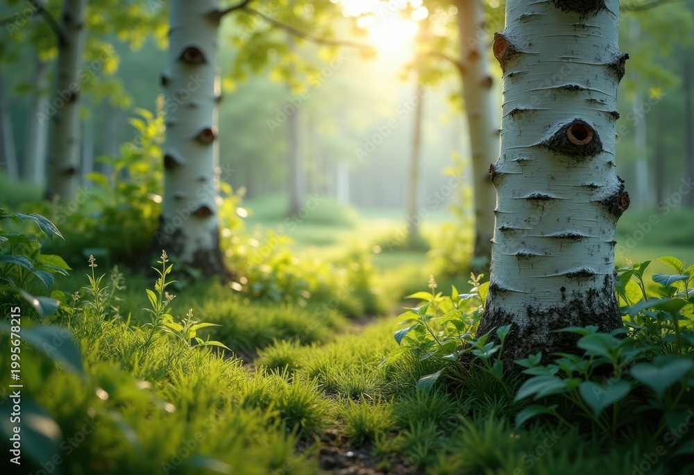 Obraz premium Birch Trees Forest Distinctive White Bark Vertical View Sunlight Shadows Tranquil Environment
