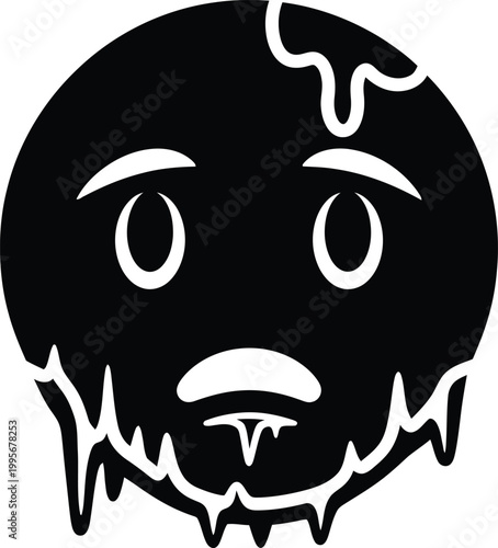 A distressed melting face icon in black and white conveys sadness and emotional vulnerability with a dripping effect