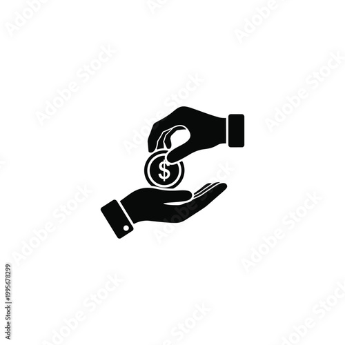 Black icon of hand giving a dollar coin to another hand isolated on white background