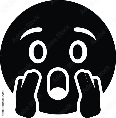 Black and white emoji depicting a face with hands covering the mouth in shock or surprise
