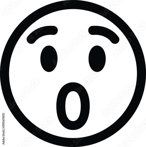 A simple black and white line drawing of a surprised or shocked face emoji conveying astonishment
