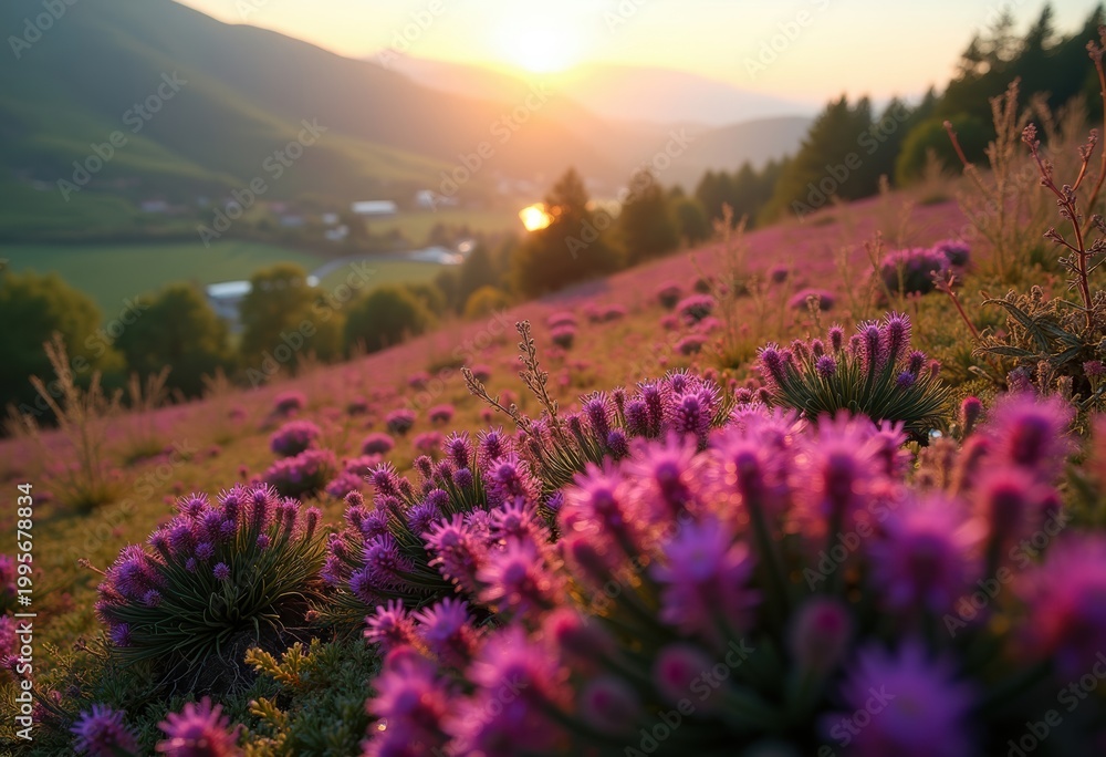 Obraz premium Heather Heath Evergreen Shrubs in Vibrant Spring Hillside Flora Growth