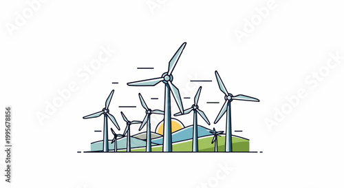 Wind turbines stand tall against a backdrop of rolling hills and a setting sun