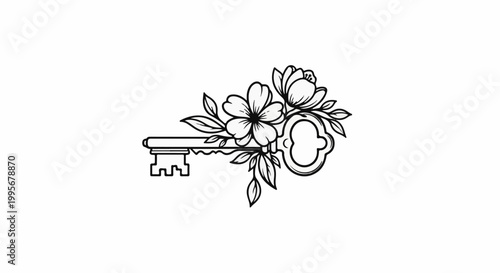 Vintage key adorned with blooming flowers and leaves in a detailed line art style