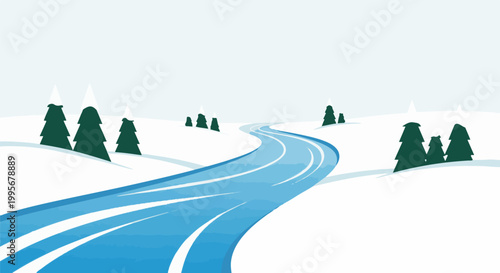 Winding blue river through a snow-covered landscape with evergreen trees