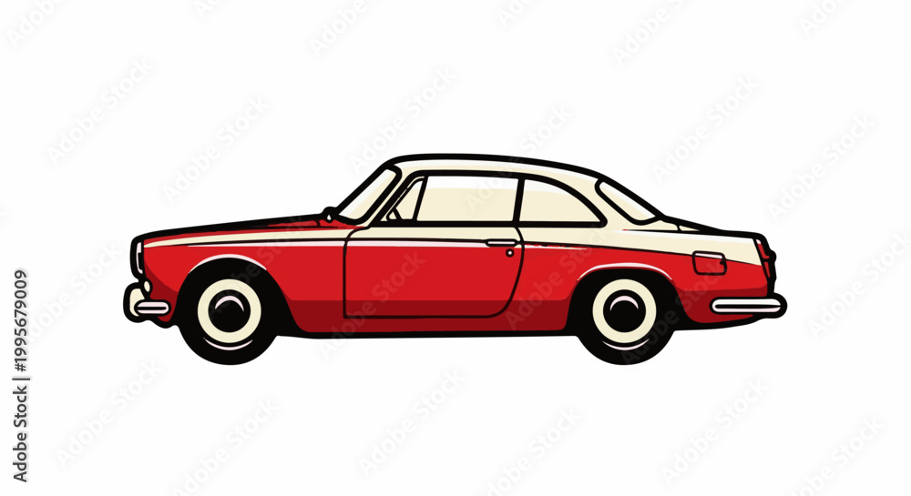 Obraz premium Vintage two-tone red and cream coupe with white wall tires, a classic automobile