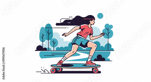 Woman on a skateboard in a park with trees and a path
