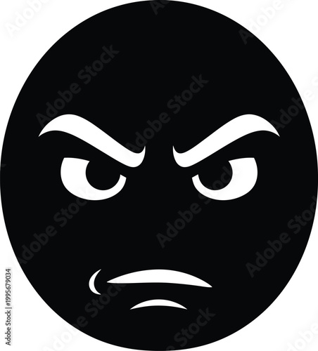 A stark black and white circular icon depicts an angry face with furrowed brows and a downturned mouth