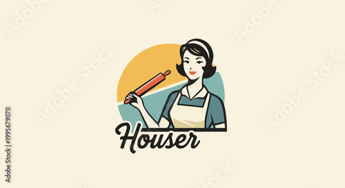 Vintage-style illustration of a woman in an apron holding a rolling pin
