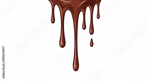 Viscous, rich, liquid chocolate drips in elongated teardrop shapes against a white background