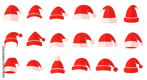 Collection of Red Santa Claus Hats with White Fur Trim - Flat Design