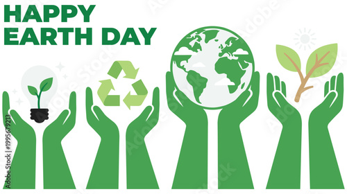 Happy earth day environmental concept design with icons and green hands.