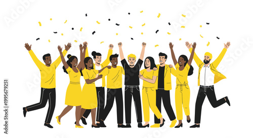 Diverse group of people celebrating with confetti and raised hands