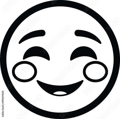 A simple black and white line drawing of a smiling face with rosy cheeks conveying happiness and joy
