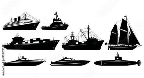 Diverse Ship Silhouettes Collection: Cargo, Yacht, Tugboat, Sailboat, Submarine