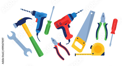 DIY Tools Collection: Power Drill, Hammer, Saw, Screwdriver, Pliers, Wrench, Tape Measure