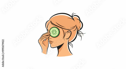 Woman applying a cucumber slice to her eye for skincare