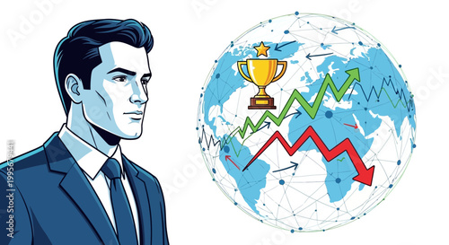 Businessman with global network and financial graphs achieving success