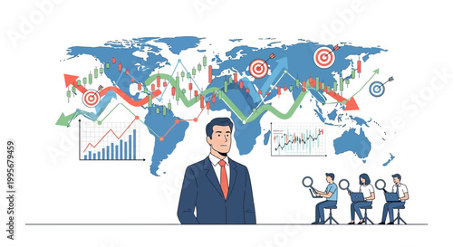 Businessman with graphs and world map representing global financial concepts