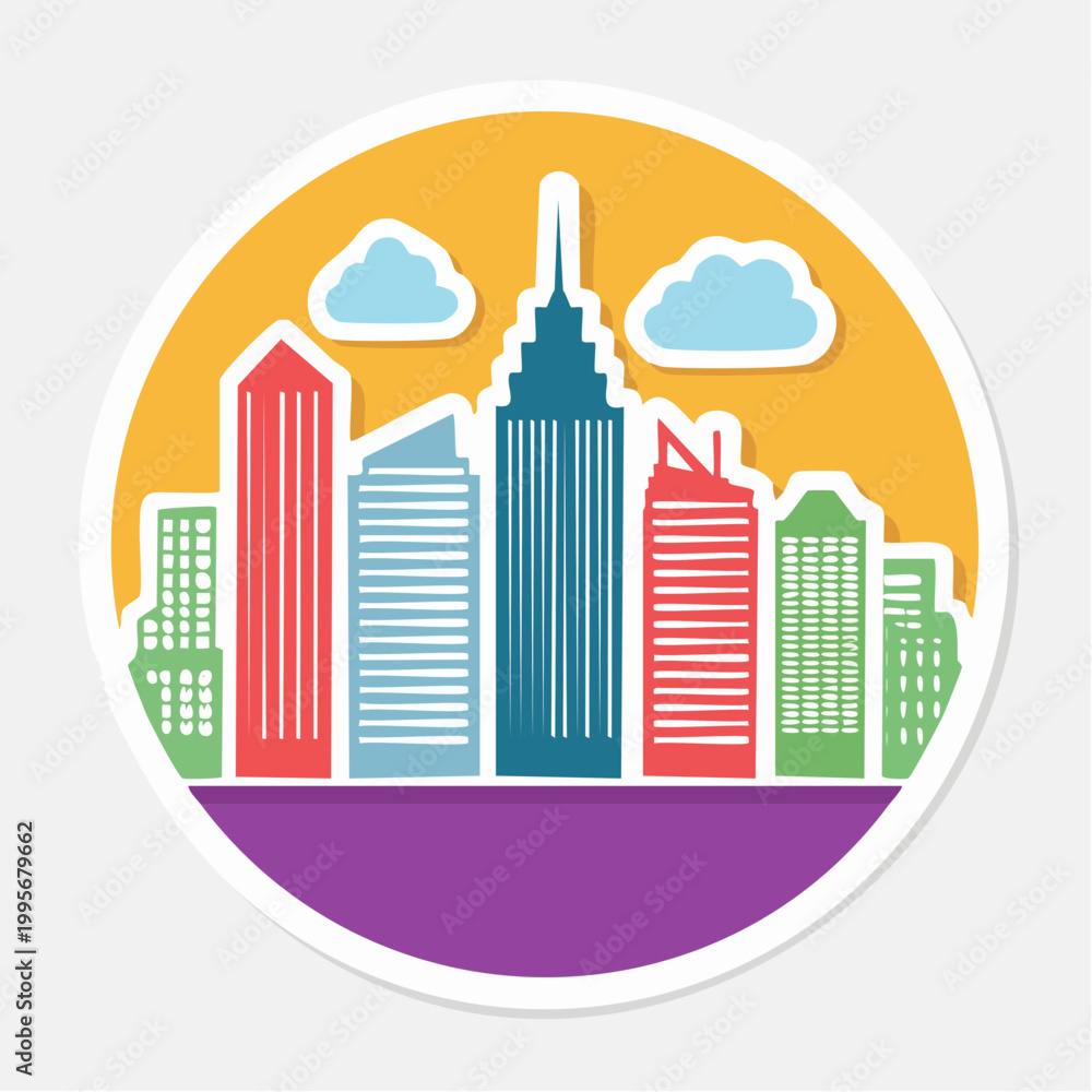 Fototapeta premium Stylized City Skyline with Colorful Buildings and Clouds