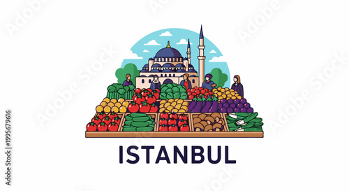 Vibrant Istanbul market scene featuring fresh produce and iconic mosque