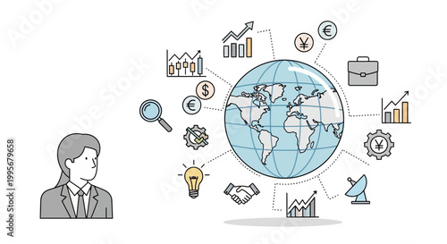 Businesswoman contemplating global finance and economic opportunities