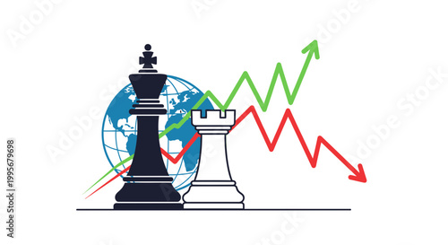 Chess pieces with globe and graphs depicting business strategy
