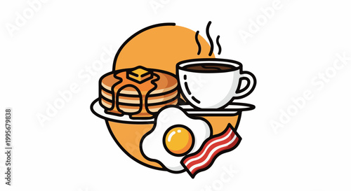 Whimsical breakfast plate with pancakes, fried egg, bacon, and coffee