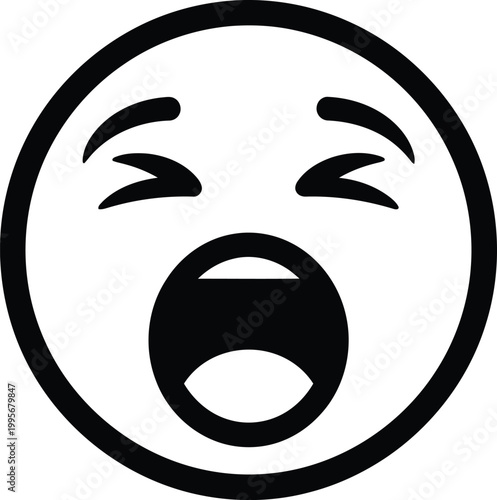 Black and white circular icon depicting a yawning face expressing tiredness or boredom with an open mouth