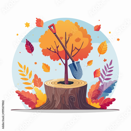 Tree Planting in Autumn with Shovel on Stump