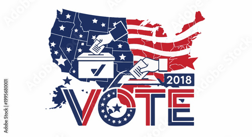 United States map in patriotic colors showing voting process with the word VOTE and year 2018