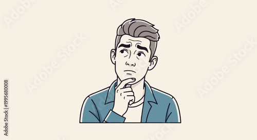 Young man in casual wear with hand on chin, looking upwards with a thoughtful expression