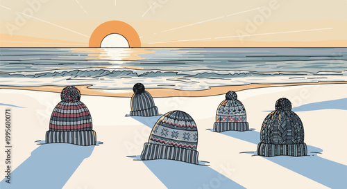 Winter hats dot a beach at sunrise, casting long shadows on the sand