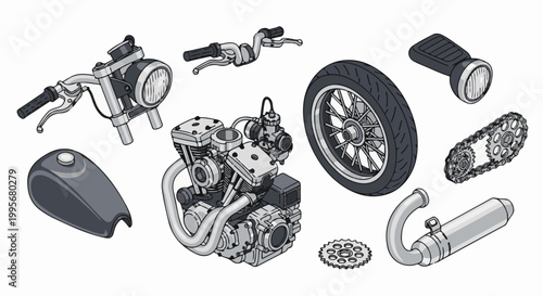 Various motorcycle parts, including engine, wheel, tank, exhaust, chain, and handlebars