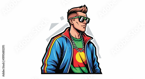 Young man with modern hairstyle, sunglasses, and a colorful athletic jacket