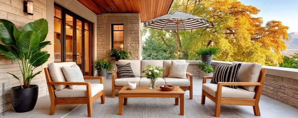 Naklejka premium Cozy outdoor patio with wooden seating, cushions and umbrella overlooking autumn trees and mountain view