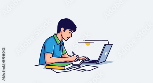Young person intently studying at a desk with a laptop, book, and lamp