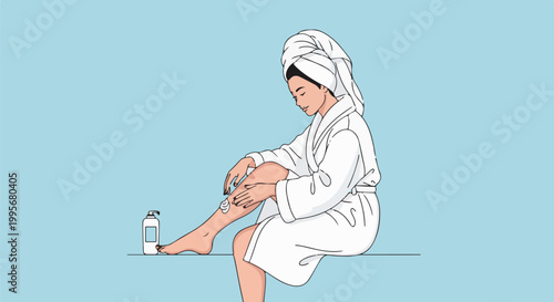Woman in bathrobe and towel applying lotion to her leg, with a pump bottle nearby