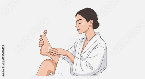 Woman in bathrobe applying lotion to her foot