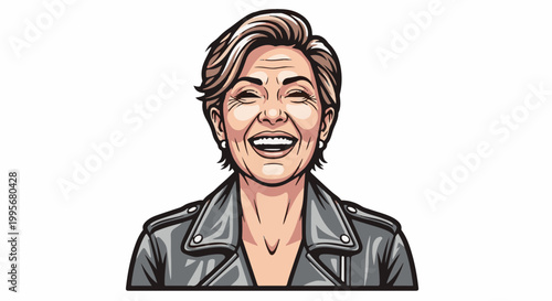 Vibrant portrait of a woman with a bright smile and short hair, wearing a leather jacket